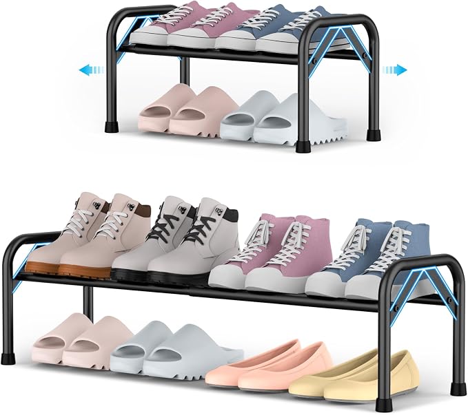 YEASHEIN 1-Tier Expandable Shoe Rack for Closet Floor, Λ-Frame Metal Small Shoe Rack for Entryway, Adjustable Shoe Shelf Organizer, Free Standing Shoe Racks for Front Door Entrance, Garage - Black by YEASHEIN