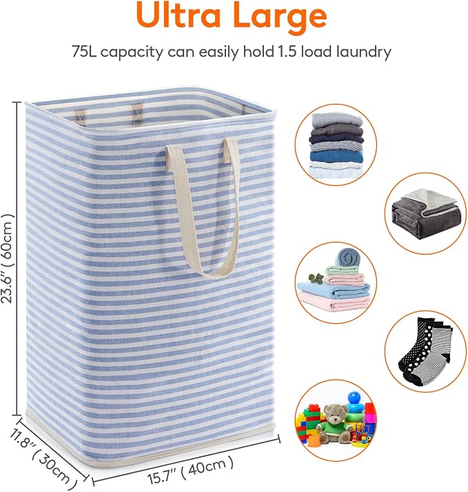 Lifewit 3 Pack Laundry Basket 80L Each, Collapsible Clothes Hamper with Reinforced Handles, Freestanding Waterproof Design for Bedroom and Laundry Room, Blue 240L Total - Image 4