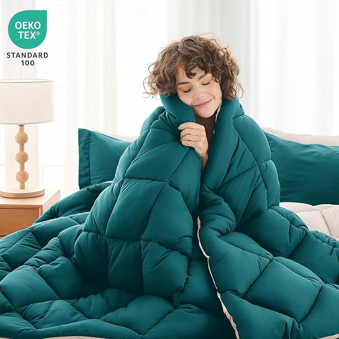 MUXHOMO 7 Pieces King Comforter Set, Reversible Bed in a Bag King Size, All Season Bedding Set with Comforter, Flat Sheet, Fitted Sheet, Pillowcases & Shams, Peacock Blue & Ivory