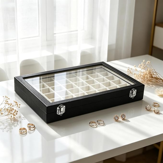 Stratalife Jewelry Organizer 48 Grid Jewelry Tray with Clear Lid Dust-proof Velvet Earring Organizer Necklace Rings Holder Display Drawer Storage Case for Women Beige Black - Image 4