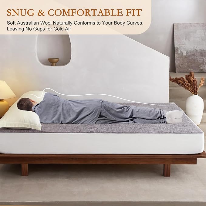 YOUR MOON Wool Fleece Mattress Pad Twin – Organic Australian Wool Plush Mattress Topper, 370GSM Velvet Breathable Bed Mattress Cover with 16" Deep Pocket, 39"x75", Gray