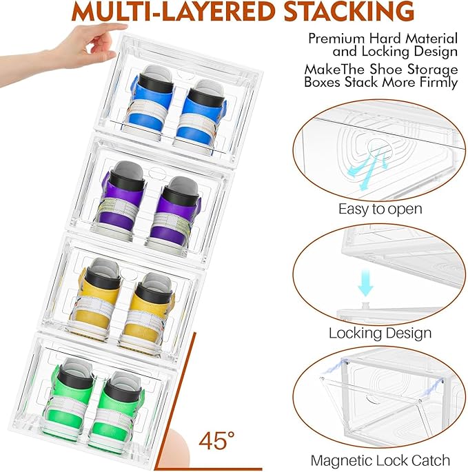 caktraie 10 Pack Thicken Shoe Organizer Stackable,Upgraded Sturdy Shoe Storage Box with Magnetic Door,Shoe Containers For Sneaker Display,Hat Organizer,White - Image 5