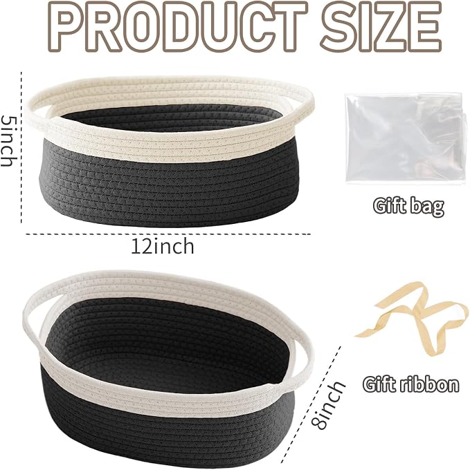 JMvicyroam Woven Basket, Small Rope Storage Bin with Handles & Ribbon Bag, Organizer for Shelves Closets,Gift Basket Empty for Birthday,Books,Dog Toys,White&Black/2 Pack - Image 2