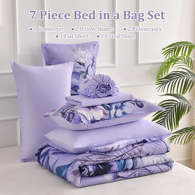 Luxudecor Lavender Purple Floral Comforter Set King Size 7 Piece, Flower Bed in a Bag, Elegant Comforter Bedding Set for All Season (Lavender, 104"x90")
