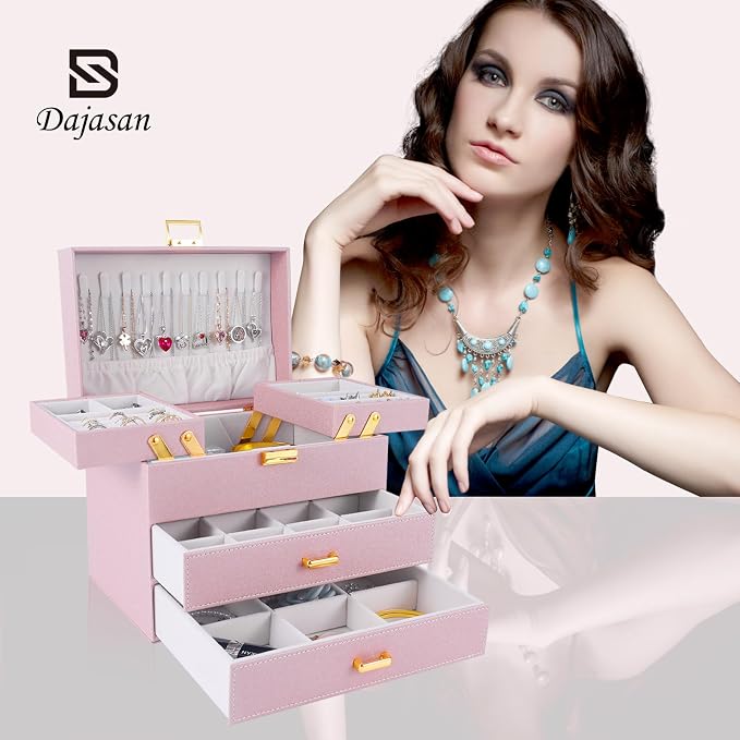 Dajasan Jewelry Organizer Box, Large Jewelry Boxes for Girls, Space-Saving 4 Layers Jewelry Storage Case with Drawer, Gift for Women, Movable Metal Stand, Modern (Pink+ Gold) - Image 7