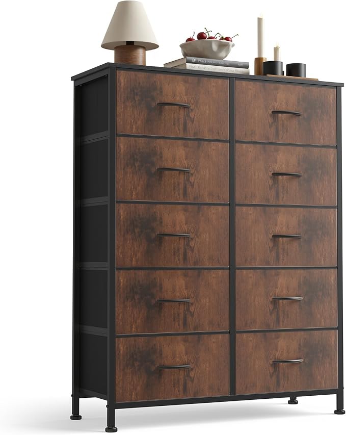 OLIXIS 10 Drawer Tall Dresser with Fabric Bins for Bedroom, Fabric Storage Tower Organizer for Closet Living Room Hallway, Double Chest of Drawers with Steel Frame Wood Top,Black-Brown by OLIXIS