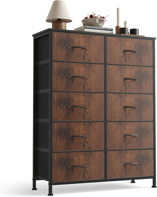 OLIXIS 10 Drawer Tall Dresser with Fabric Bins for Bedroom, Fabric Storage Tower Organizer for Closet Living Room Hallway, Double Chest of Drawers with Steel Frame Wood Top,Black-Brown by OLIXIS