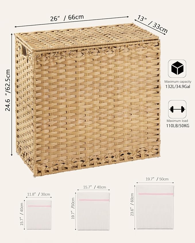 SETVSON Laundry Hamper with Lid Laundry Basket 132 L (35 Gal) Wicker Clothes Hamper, Handwoven Rattan Hamper with Handles and 4 Removable Liner Bags, 6 Mesh Bags for Laundry Bedroom Natural - Image 5