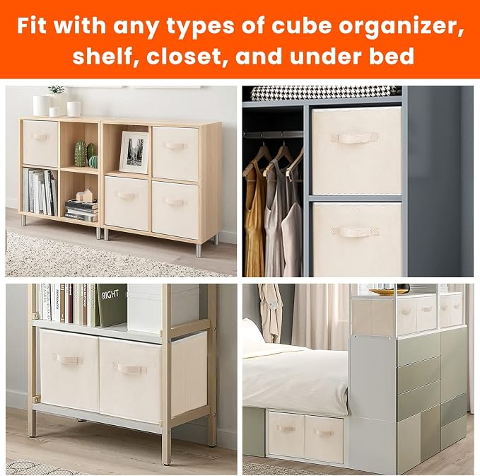 Criusia Large Storage Cubes - 13 Inch Heavy Duty Fabric Storage Bins for Shelves Closet, Cube Organizer - 8 Pack Collapsible Cube Storage Bins Baskets for Organizing Clothes Blankets Toys (Beige) - Image 6