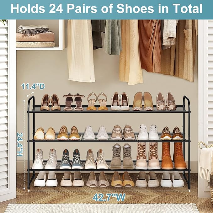 AOODA Long 3 Tier Metal Shoe Rack for Closet Wide Stackable Shoe Storage Organizer for Entryway, Bedroom, Floor, 24-Pairs Men Sneakers Shoe Shelf with Wire Grid, Black - Image 3