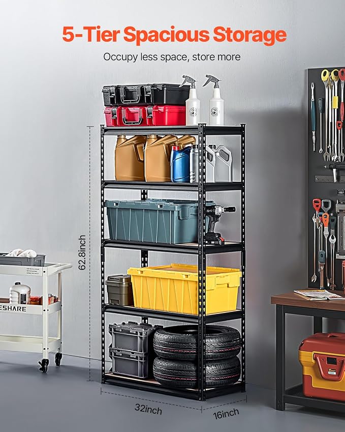 VEVOR Storage Shelves, 2000 lbs, 5 Tier Garage Storage Shelving, 16" D x 32" W x 62.8" H Adjustable Metal Shelves for Garage Shelves Utility Rack Shelf, Ideal for Kitchen, Warehouse, Basement, Black - Image 3