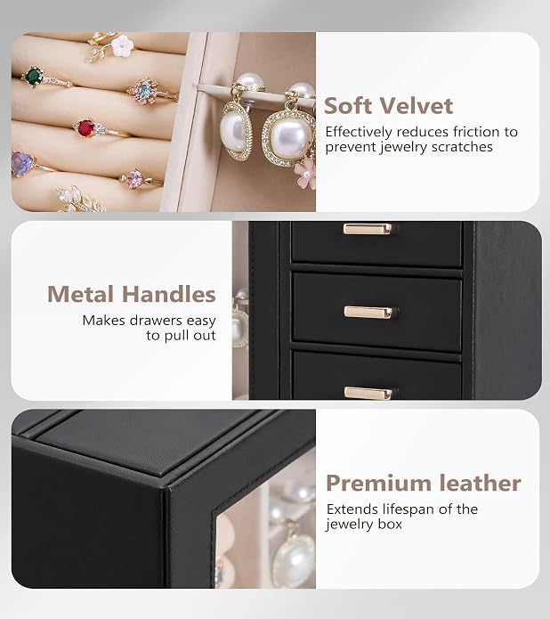 Homde Large Jewelry Box/Organizer/Case with Glass Window, Drawers for Necklaces Earrings Rings Bracelets Watches Gift for Women Girls - Image 5