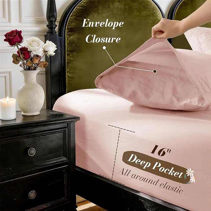 SONORO KATE 100% French Pure Linen Sheets, Breathable and Durable Linen Queen Size Sheets, Anti-Tear Linen Bed Sheets, Machine Washable, 16 Inch Deep Pocket - 4 Piece (Pink)