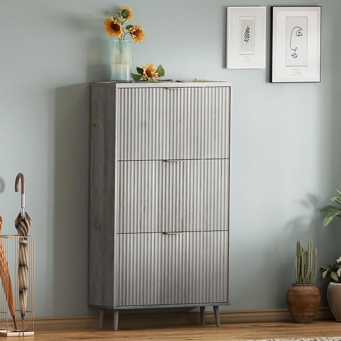 Shoe Cabinet Storage,Modern Freestanding Organizer with 3 Flip Drawers,Narrow Shoe Rack Cabinet for Entryway,Grey - Image 7
