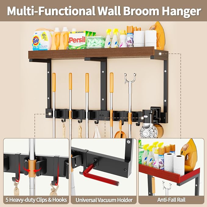 Broom Holder Wall Mount with Cleaning Supplies Organizer, Laundry Room Shelves with Mop Hanger Rack Gripper Hooks and Vacuum Organizer, Broom and Mop Organizer Wall Hanging for Home Garage Kitchen - Image 2