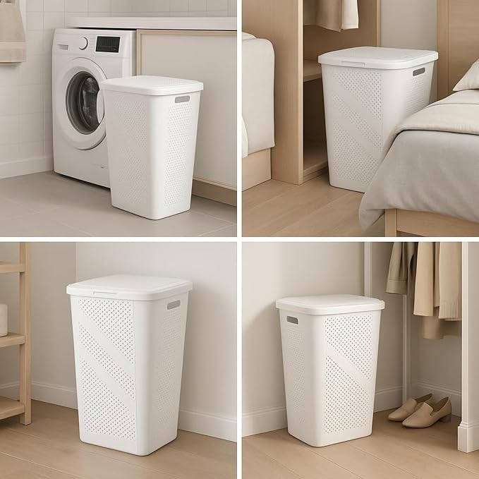 Slim Laundry Hamper with Lid, 60L Clothes Basket, Plastic laundry basket,for Home Storage Clothes Organizer, Laundry Room, College Dorm White - Image 6