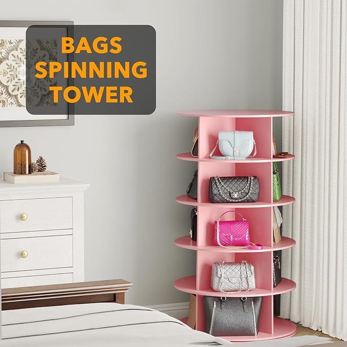 SpaceAid 5 Tier Rotating Shoe Rack Tower, Spinning Shoe Display Lazy Susan, Revolving 360 Shoe Rack Storage Round Carousel, Vertical Handbag Rotate Shoes Closet Organization (5-Tier Pink) - Image 5