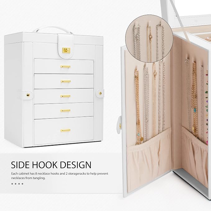AKOZLIN Large Jewelry Box Organizer Functional with Big Mirror, Leather Jewelry Storage Case for Women Girls Ring Necklace Earring Bracelet Holder Organizer White - Image 5