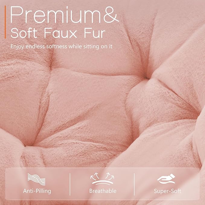 Sweetcrispy Saucer Chairs, Comfy Folding Cozy Faux Fur Living Room Reading Lounge Chair with Soft Thick Padded Seat & Metal Frame Modern Style Bedroom Home Dorm for Kids Adults, X-Large - Peach