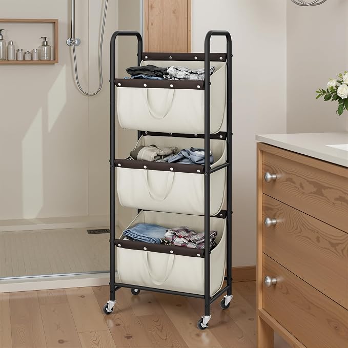 GRANNY SAYS 3 Tier Laundry Sorter, Laundry Basket with Wheels, Laundry Room Organization and Storage, 3 Section Rolling Laundry Cart for Dorm, Bathroom, Bedroom, Closet, Beige - Image 7