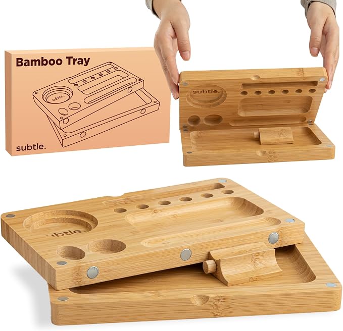 Foldable Bamboo Tray with Magnetic Lid - Durable, Easy to Clean - Portable, Perfect for Home Storage or Travel, Decorative-Tray - Gifts for Him - 8.5" x 5" by Subtle