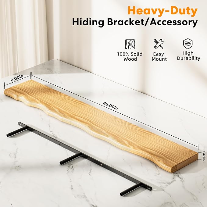 Floating Shelves for Wall Rustic Farmhouse 48 Inch Floating Shelf Bathroom Wooden Shelves for Wall Mounted Live Edge Pine Shelf with Unique Natural Grain for Living Room Bedroom Kitchen (Natural) - Image 3