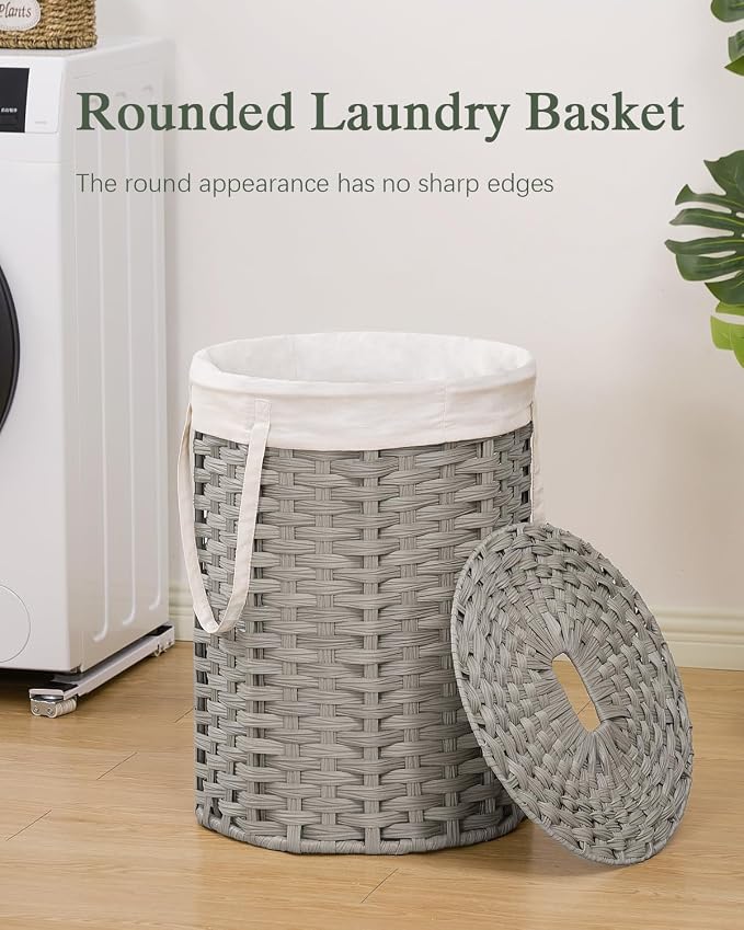 SETVSON Laundry Hamper with Lid Laundry Basket with Lid 19.0 Gal (72 L) Round Laundry Basket Handwoven Rattan Basket with Lid Removable Bag 2 Mesh Bags Handles for Living Room Bathroom Gray - Image 2