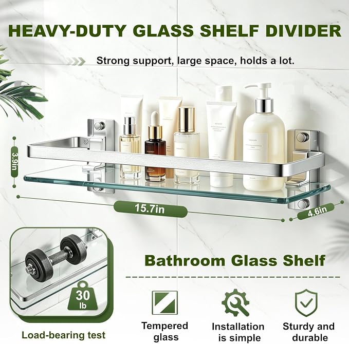 AIJALY 2 Pack Bathroom Glass Shelf,15.7 Inches Silver Bathroom Shower Glass Shelf Wall-Mounted, Metal Storage Floating Kitchen Shelf - Image 2