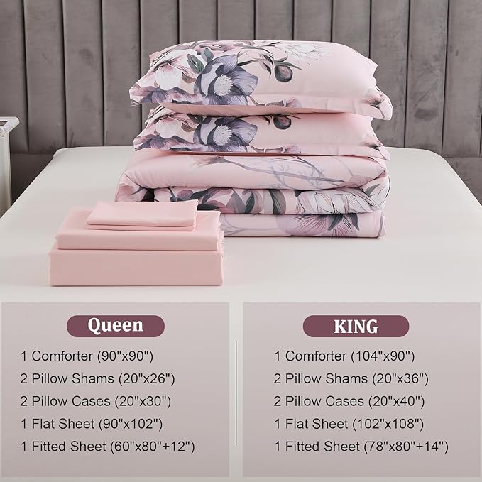 Luxudecor Floral Comforter Set King Size 7 Piece, Blush Pink Flower Bed in a Bag, Elegant Comforter Bedding Set for All Season (Blush Pink, 104"x90")