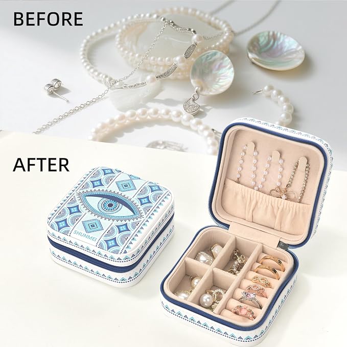 shunmei Mini Travel Jewelry Box,PU Leather Portable Jewelry Organizer Case,Art Accessories Storage Holder Boxes for Earring, Necklace, Rings, Bracelets (White Eyes) - Image 7