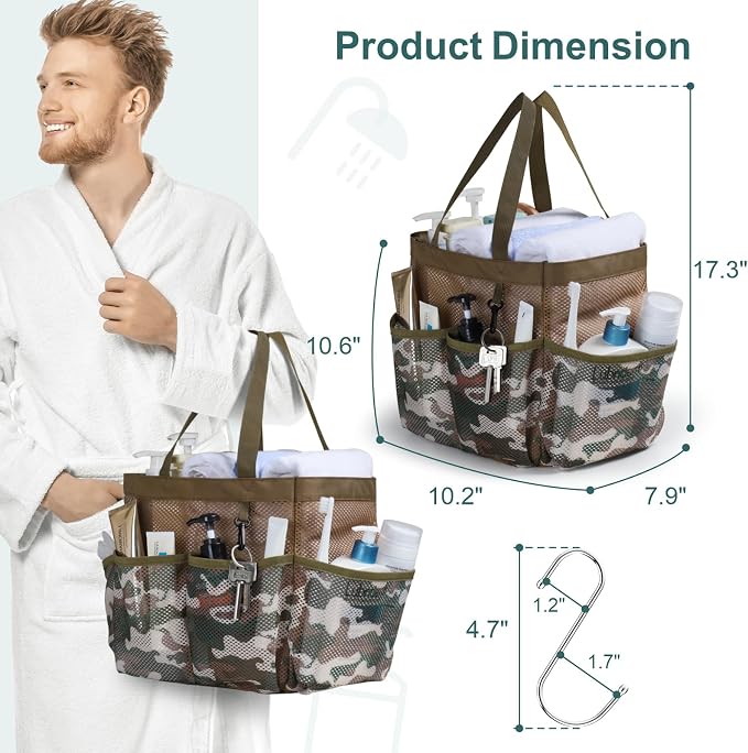 F-color Shower Caddy Portable - Mesh Shower Bag Basket Tote for College Dorm Room Essentials Bathroom Gym Camp Quick Dry for Women Men with S Hook, Brown Camouflage - Image 5