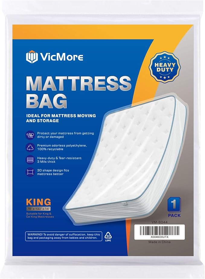 VICMORE 3mil Heavy-Duty Plastic Mattress Bag for King/Cal King Size – Tear-Resistant Mattress Protector Cover for Moving & Storage, Transparent & Easy Fit