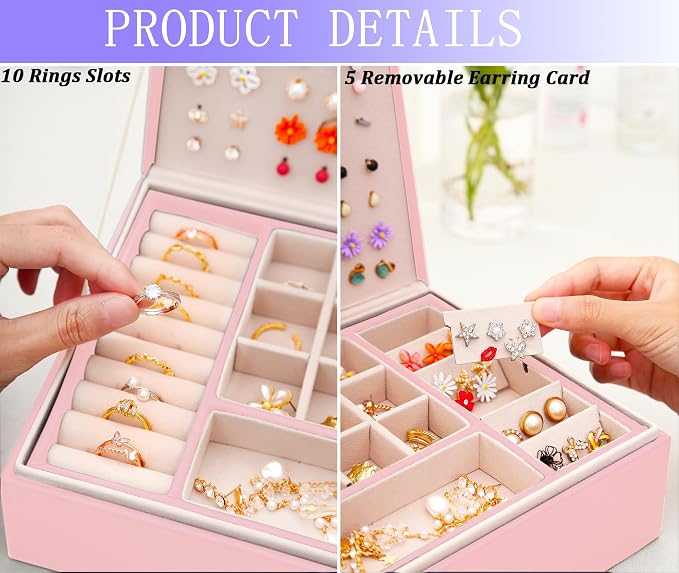 Earrings Jewelry Box for Girls, Large Capacity Jewelry Organizer with 40-Pair Earring Board, 2-Layer Leather Jewelry Storage Box for Necklaces Rings Bracelets with Removable Tray(Gift Idea),Pink - Image 5