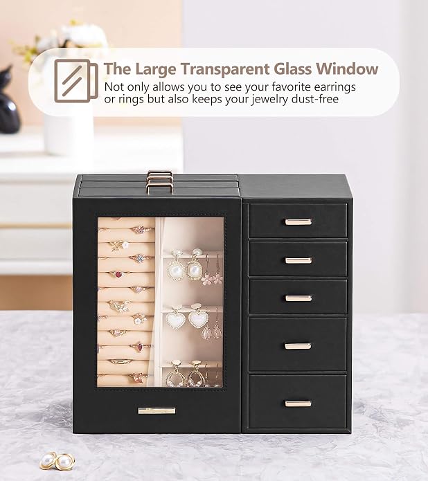 Homde Large Jewelry Box/Organizer/Case with Glass Window, Drawers for Necklaces Earrings Rings Bracelets Watches Gift for Women Girls - Image 2