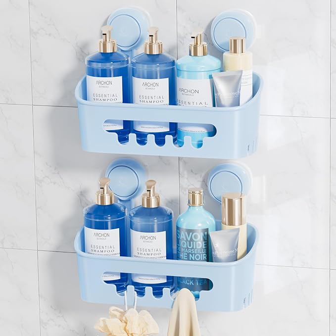 LEVERLOC Shower Caddy Suction Cup 2 Pack, Shower Organizer Removable Bathroom Shelf, Storage for Inside Shower Powerful Suction Max Hold 22lbs Waterproof Holder, Blue by LEVERLOC