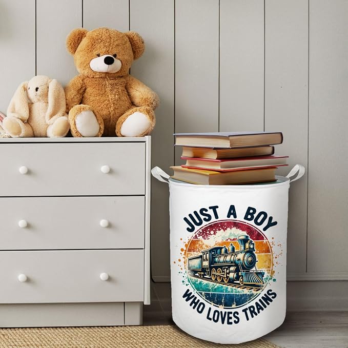 Just a Boy Who Loves Trains Laundry Basket, Toybox for Boys, Gifts for Train Lovers Enthusiasts Laundry Hamper Waterproof Collapsible Storage Bin Organizer for Bedroom Bathroom Dorm Clothes Toys - Image 4