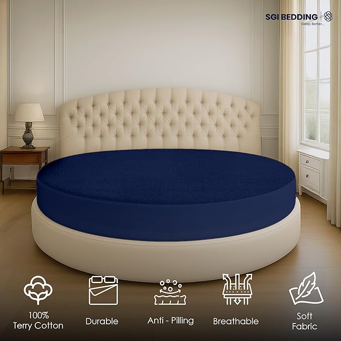SGI Bedding Waterproof Round Mattress Protector 76" Diameter– 15" Deep Pocket Fitted Style Terry Cotton Mattress Pad Cover, Soft, Breathable & Noiseless, Spills & Stains Bed Protection – Navy Blue