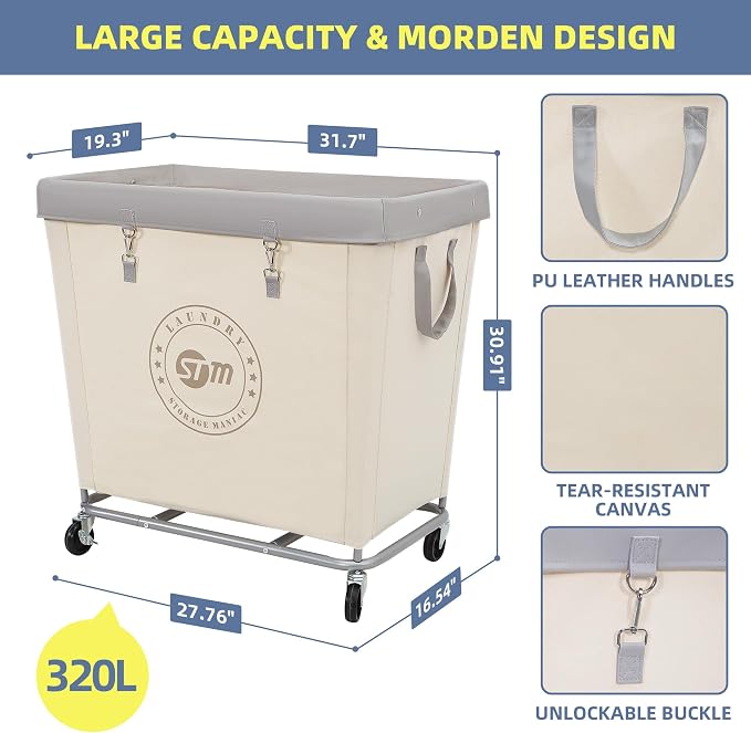 STORAGE MANIAC Commercial Laundry Hamper with Heavy Duty Steel Frame, 320 L Industrial Laundry Basket Cart with Wheels for Hotel, Home, Laundry Room, 31.7''L x 19.3''W x 30.91''H, Large Beige - Image 2