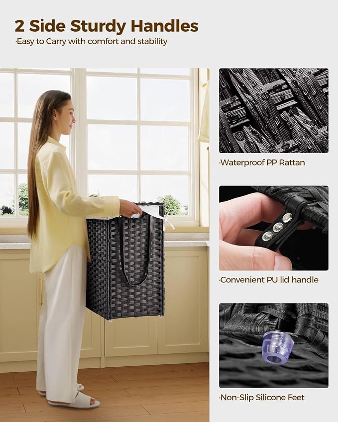 Greenstell Laundry Hamper with Wheels&Lid, 130L Large 3 Sections Clothes Hamper with 2 Types Removable Liner Bags, 5 Mesh Laundry Bags, Handwoven Divided Laundry Basket Black - Image 6