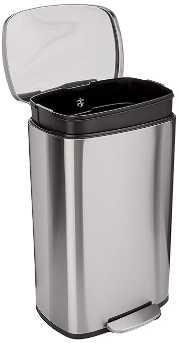 Amazon Basics Smudge Resistant Rectangular Trash Can with Soft-Close Lid, Foot Pedal, Removable Inner Bucket, 50 Liter/13.2 Gallon, Brushed Stainless Steel, Satin Nickel Finish by AmazonBasics