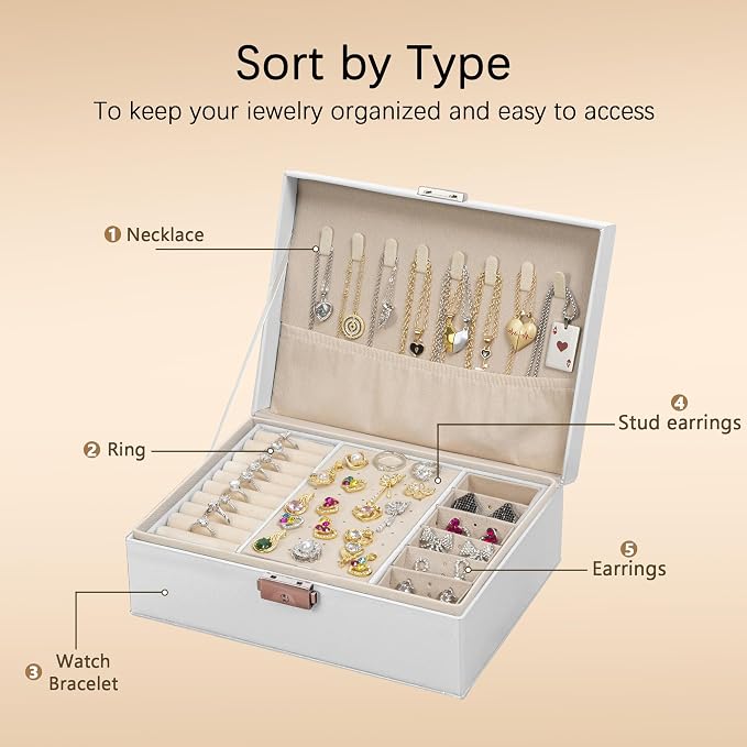 Homeanda Jewelry box 2 layer Jewelry box Leather Jewelry boxes for Women Girls Teens Jewelry organizer box Jewelry Storage box with lock(White) - Image 5