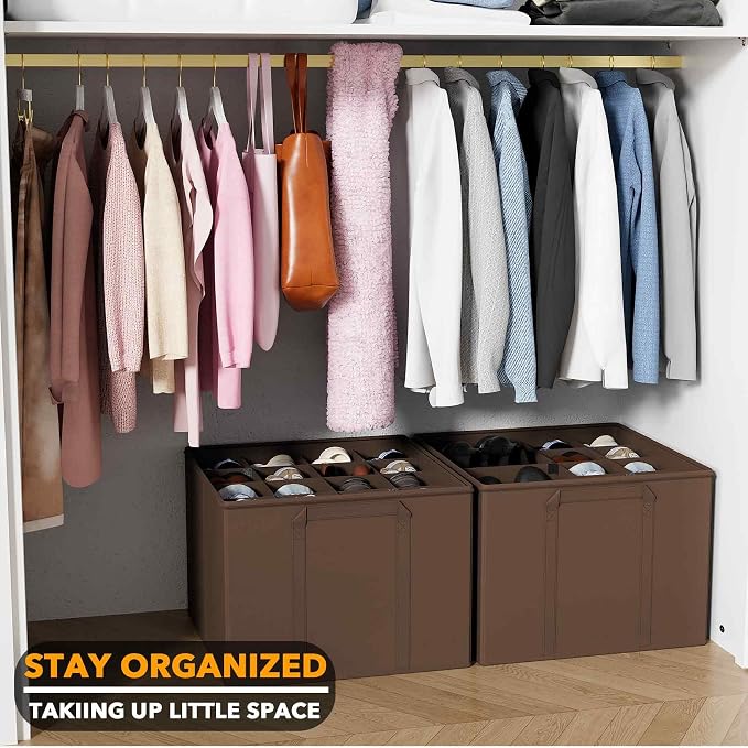 SpaceAid Shoe Organizer for Closet, 2 Pack Foldable Shoe Storage Containers Baskets Boxes Bins w/Adjustable Dividers, Fits 16-32 Pairs, Brown - Image 6