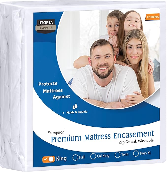 Utopia Bedding Premium Waterproof Bed Bug Mattress Cover, King Zippered Mattress Protector, 12 Inches Deep, Dust Mite Proof 6-Sided Mattress Encasement for Bed