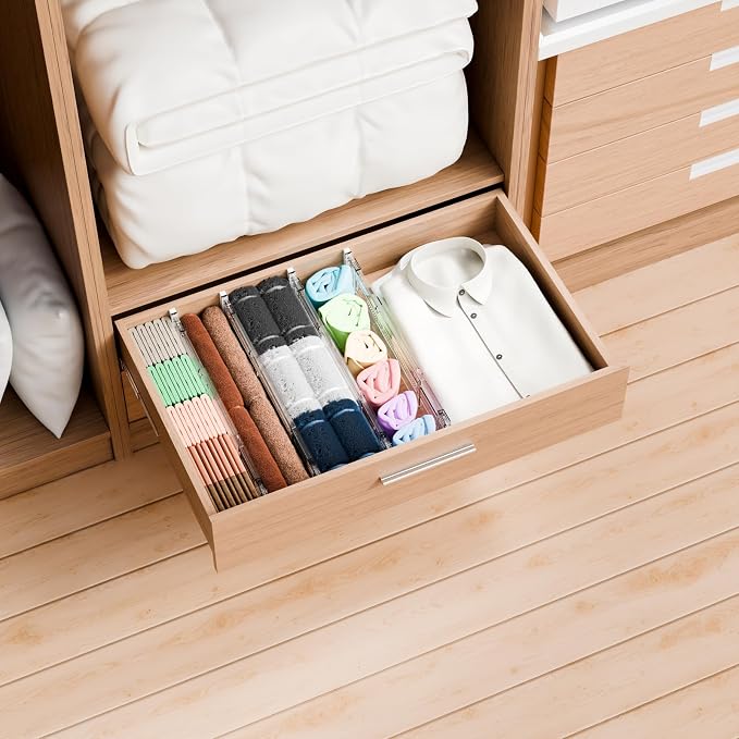 Yieach 8 Pack 3.2 Inch Shallow Acrylic Drawer Dividers for Clothes -Expandable from 15-21''- Adjustable Drawer Dividers for Baby Clothing,Sock,Underwear,Clear in Drawer Separators for Dresser,Kitchen - Image 2