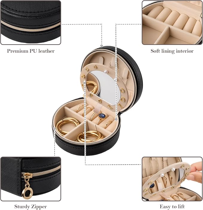 ProCase Travel Size Jewelry Box, Mini Portable Seashell-Shaped Jewelry Case with Mirror, 2 Layer Organizer in PU Leather for Women -Black - Image 5