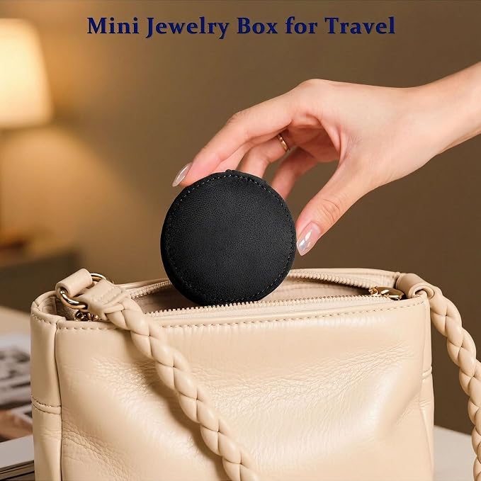 CONBOLA Travel Jewelry Case Small Jewelry Box for Women Girls,Round Velvet Mini Jewelry Travel Organizer,Portable Jewelry Box for Rings Earrings Necklaces Bracelets.(Black,Small) - Image 5