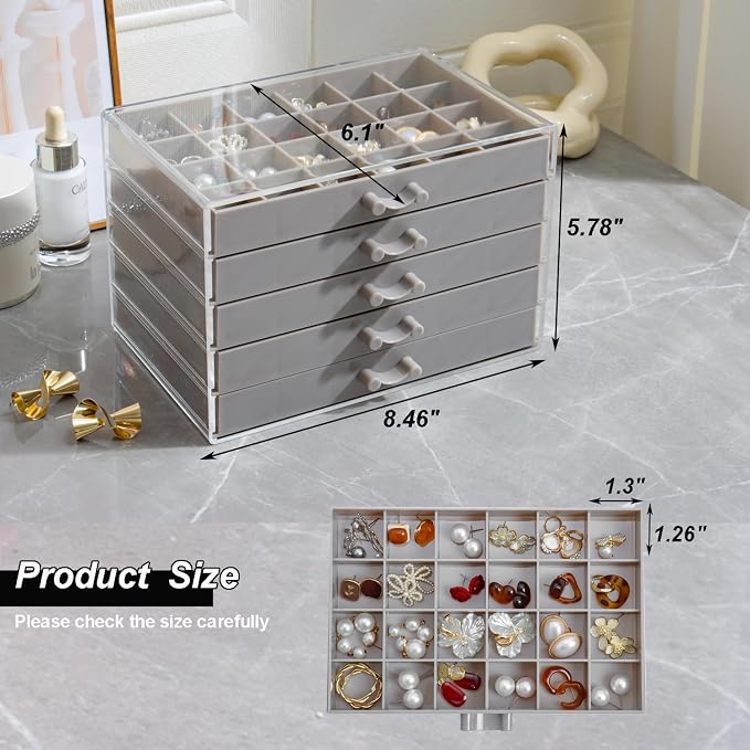 YUFONG Earring Storage Box Organizer, Acrylic Jewelry Storage Box Holder 5 Drawers Transparent Jewelry Display Stand with 120 Small Compartments Gift Boxes for Women Girls (Gray) - Image 3