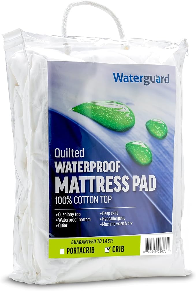 Waterguard Quilted Cotton Mattress Pad - Crib Size - Soft, Comfortable, and Fluffy Mattress Pad - Waterproof Mattress Protector Stretched 7" for Snug Fit on Regular Sized Mattress.