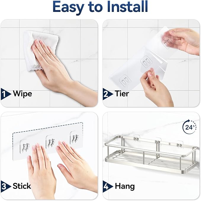 YASONIC Shower Caddy Adhesive, No Drill Bathroom Shower Organizers, with Removable Hooks, Rust Proof Shower Shelves, Wall-Mounted Shower Holder, 2 Pack Silver - Image 8