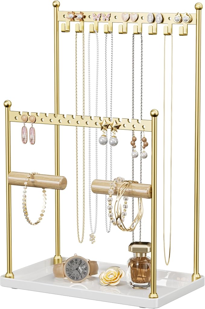 3 Tier Gold Jewelry Stand, Necklace Organizer, Earring Holder with 44 Holes and 9 Hooks, for Necklaces, Bracelets, Rings by Josmimic